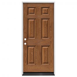 36" 6-Panel Prehung Exterior Fiberglass Door - Medium Oak - Right Hand Inswing