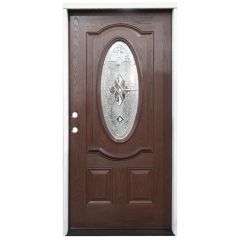 36" Madison Oval Exterior Fiberglass Door - Dark Mahogany - Right Hand Inswing