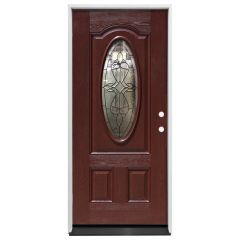 36" St. Louis Oval Exterior Fiberglass Door - Cherry Oak - Left Hand Inswing