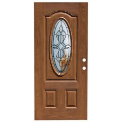 36" St. Louis Oval Exterior Fiberglass Door - Medium Oak - Left Hand Inswing